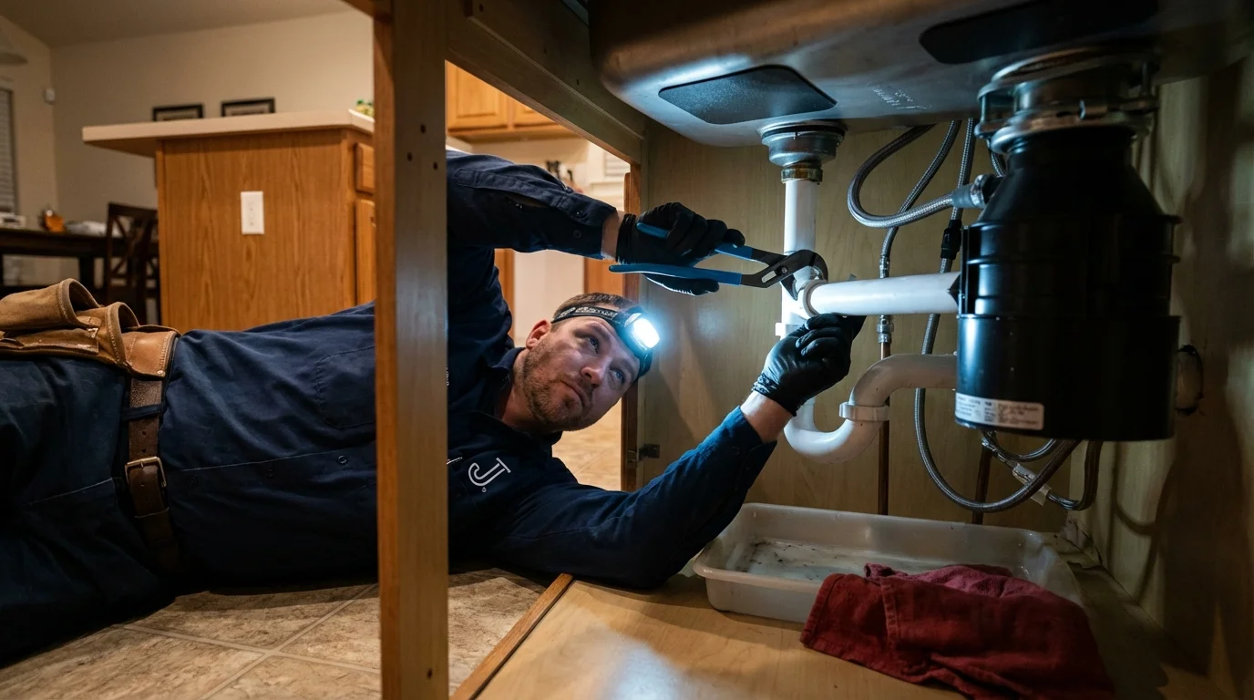 P-trap and supply line connections under a kitchen sink showing a common leak point in Leesville, SC